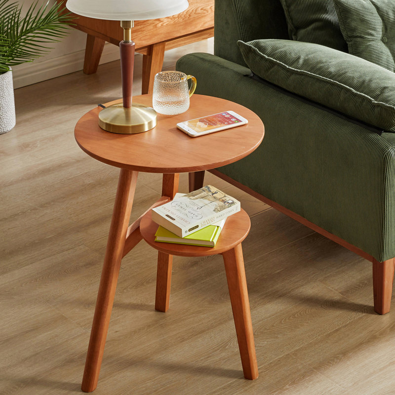 Round 2‑tier end table, cherry rubberwood solid wood side table with lower open storage shelf