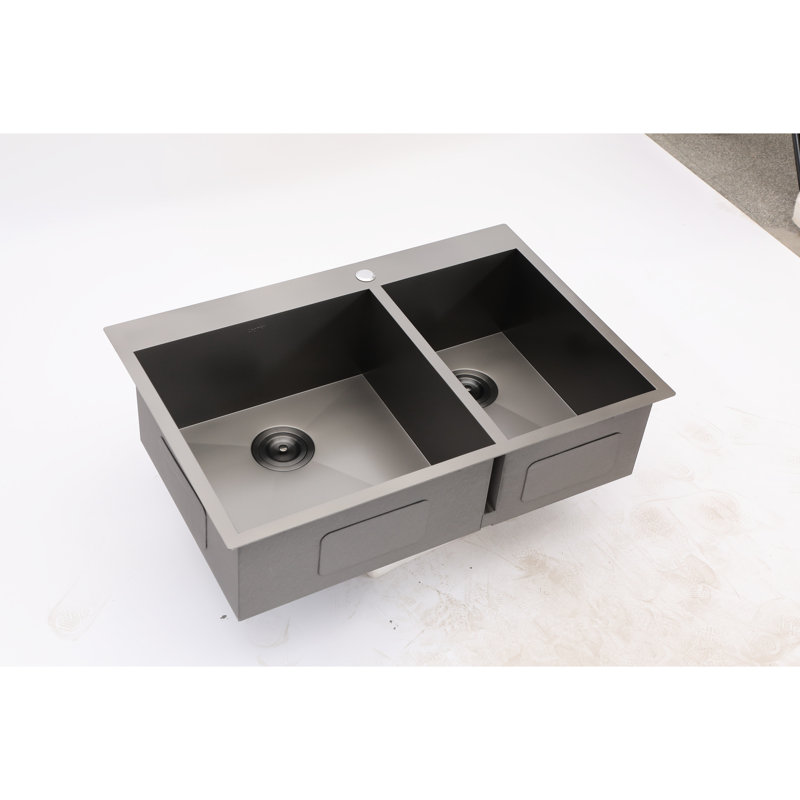 Double évier encastré 33 po x 22 po, noir acier, cuisine en acier inoxydable de calibre 18 33 po x 22 po, excellente résistance à la corrosion