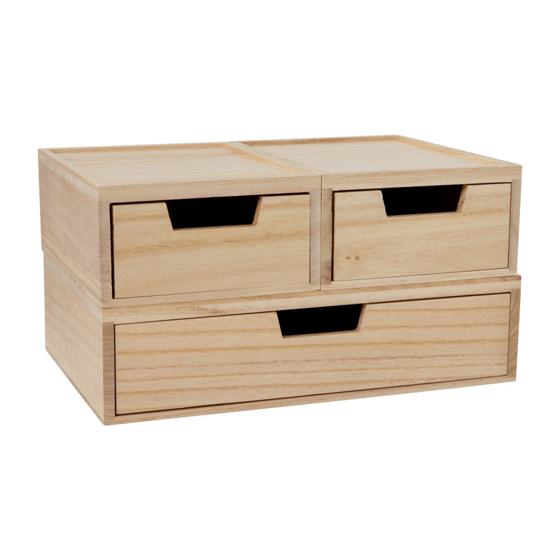 Light Natural Paulownia Wood Stackable Storage Boxes with Drawers, Set of 3