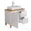 Meuble-lavabo moderne de 80 cm avec lavabo intégré, 1 porte et 2 grands tiroirs, système de fermeture amortie, design sans poignées, plateau et pieds en bois massif naturel, lavabo rond en céramique sur le comptoir, blanc lustré-837923037