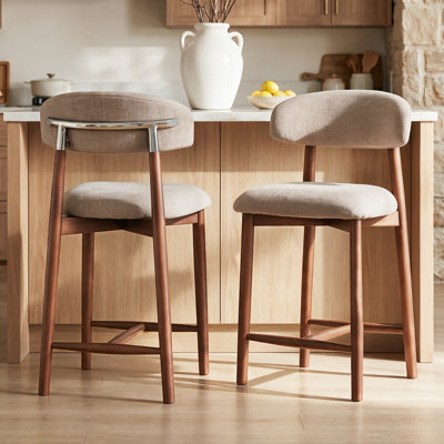 Solid Wood Bar Stools Set of 2,25'' Khaki-Colored Counter Height Bar Stools，Made Solid Wood and Fabric, Ideal for Kitchen Islands and Home Bars