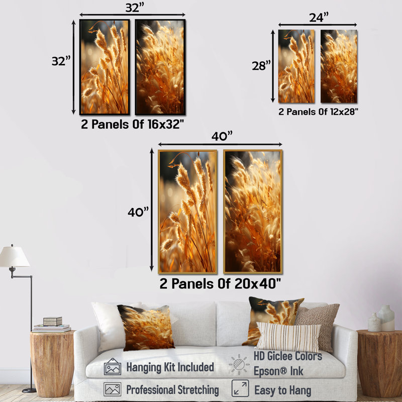 Golden Meadow Grass - ensemble de 2 reproductions d'art sur prairie, Cadre noir, H 40 po x l 41 po