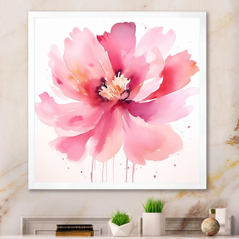 Délicate fleur d'hibiscus rose sur fond d'aquarelle sur toile, H 24 po x l 24 po x P 1 po, Cadre simple blanc