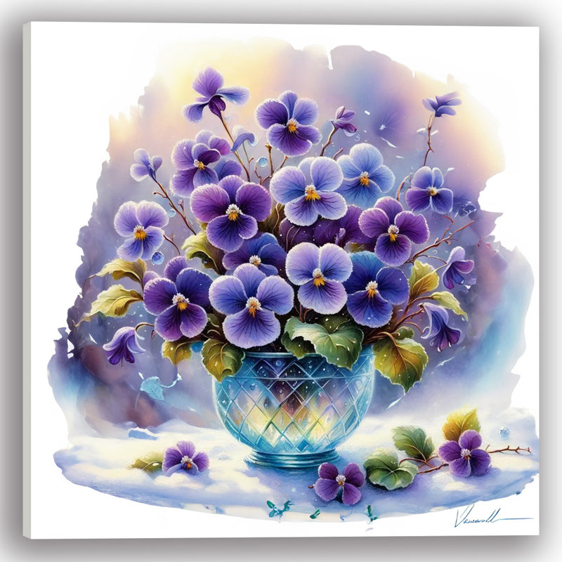 «Violet Pensies in Crystal Vase», art mural sur toile tendue, H 20 po x l 20 po x P 1,5 po