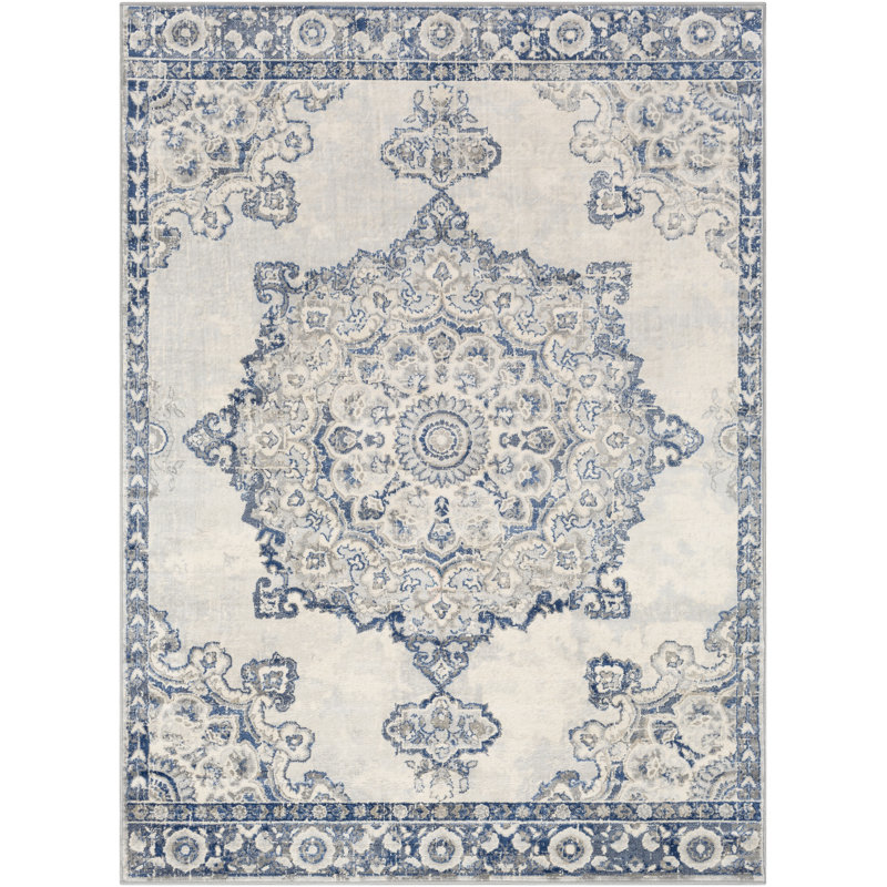 Hilyard Oriental Navy/Medium Gray/Cream/Silver Gray Area Rug, Rectangle 8'10" x 12'3"
