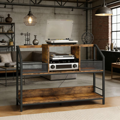 Vinyl Record Storage Shelf With Removable Dividers, 2-Tier Record Player Stand Holds Up To 400 Albums, Industrial Style Media Console For Turntable An by 17 Stories