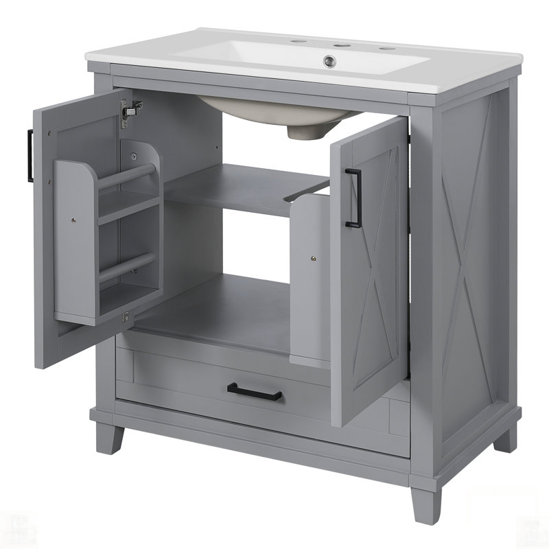 Bathroom Vanity With Single Sink, Solid Wood Frame + MDF, 2 Soft-Close Doors, 1 Divided Drawer, Dual Storage Shelves, Ample Storage Space, Ideal For Small To Medium Bathrooms