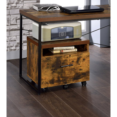 Rangement rectangulaire en chêne vieilli et noir - assemblé, plateau en bois, pieds en métal et armoire à tiroirs verrouillée avec pieds, compartiment avec rangement, roulette verrouillable de 1,5 po