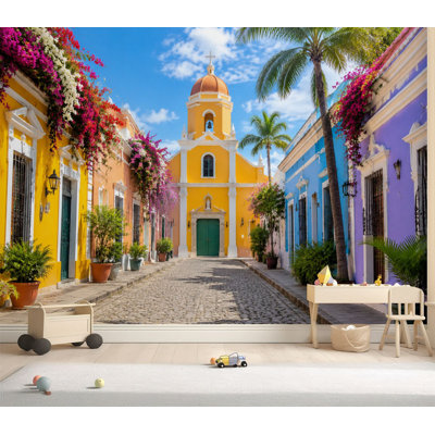 Wall Mural Peel and Stick Wallpaper colorful street old san juan puerto rico town scenery Self-Adhesive Removable Contact Paper Wall Decor for Living Room Bedroom 69"H x 96"W