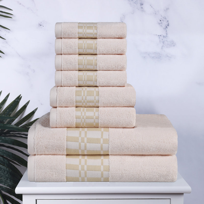 Larissa Cotton Medium Weight Geometric Border 8 Piece Assorted Towel Set, Ivory