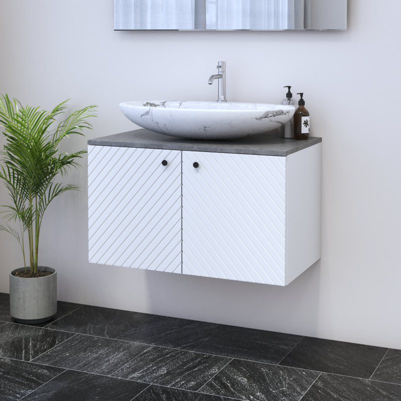 Ensemble de meuble-lavabo simple 31,5 po avec plateau Karaya, Blanc, Béton