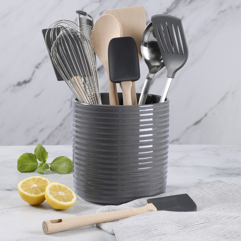 10-Piece Gray Kitchen Utensil Set with Ceramic Crock