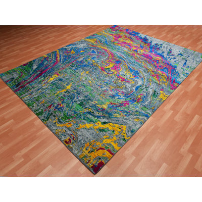 9'0" x 11'9" New Hand Knotted Grey Wool & Silk Rectangle Oriental Rug - MOA10275246
