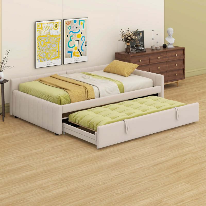 Full Size Upholstered L-Shaped Daybed – Twin Size Pop Up Trundle Included, Beige