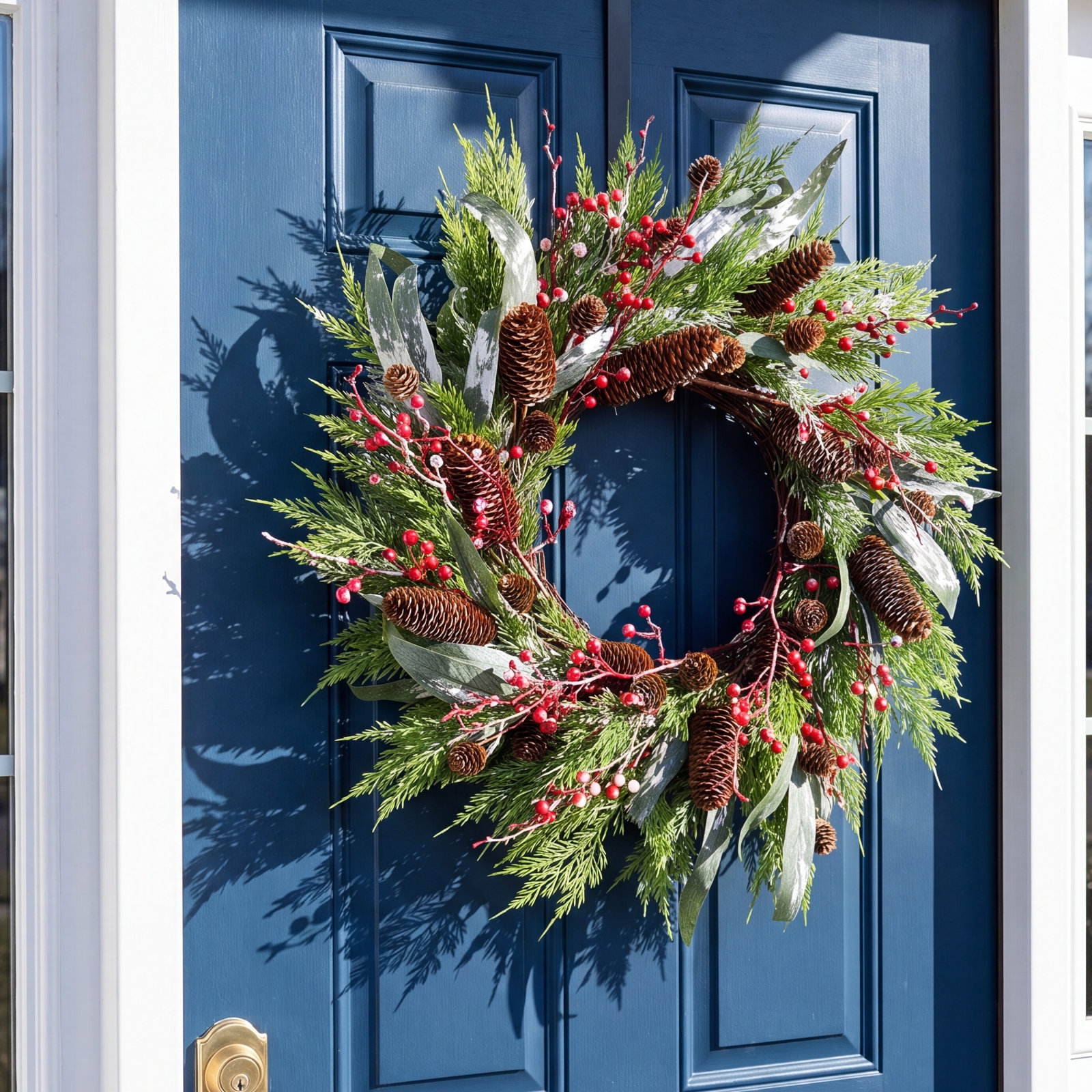 22" Artificial Farmhouse Blossoms Cluster Greenery Leaves Christmas Frozen Berry Pinecone Winter Wreath For Front Door