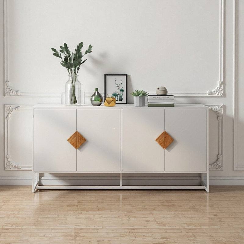 Buffet blanc avec poignées carrées en bois massif de 63 po et meuble télé avec rangement double, 4 portes