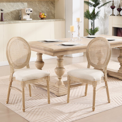 Chaises de salle à manger rembourrées French Country, de 2, naturelles, techniques de sculpture, structure en bois massif tréfilée, démontables, empilables, pieds en tissu de coton de style avant en lin, dessinées