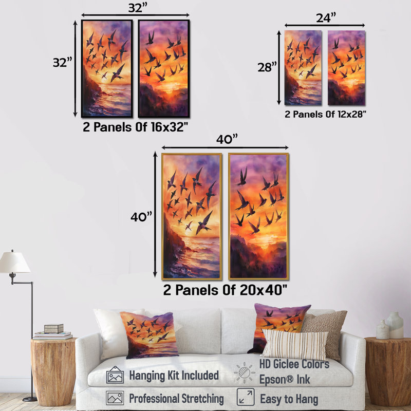 Lavande, hirondelles, oiseaux au coucher du soleil, collection d'art sur toile 2 animaux, Cadre flottant noir