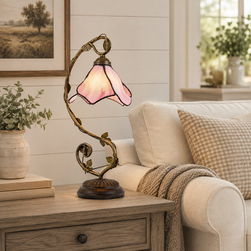 20" Vintage Floral Tiffany Glass Table Lamp with 3-Color Bulb