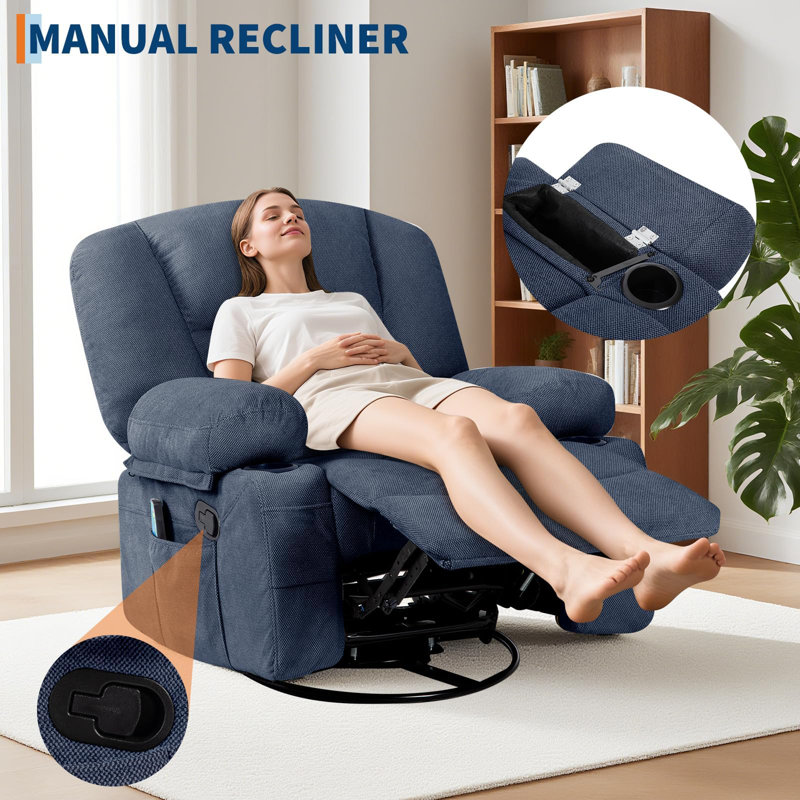 360° Swivel Recliner Chair with Vibration Massage & Heating, Extra-Wide Sofa for Living Room/Bedroom, Blue