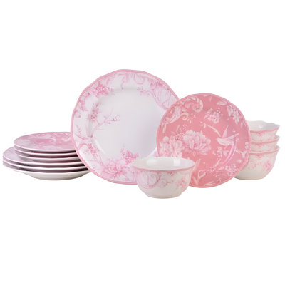 222 Fifth Adelaide Blush 12-Piece Porcelain Dinnerware Set - Service For 4, Plate & Bowl Set
