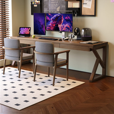 Bureau d'écriture rectangulaire à 3 tiroirs en bois massif brun noisette
