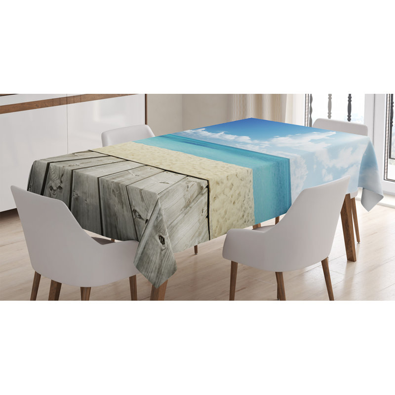 Ambesonne Landscape Tablecloth, Tropical Beach From Wooden Pier With Sky Landscape Summer View Image, Rectangular Table Cover For Dining Room Kitchen Decor, 52" X 70", Cream Turquoise White
