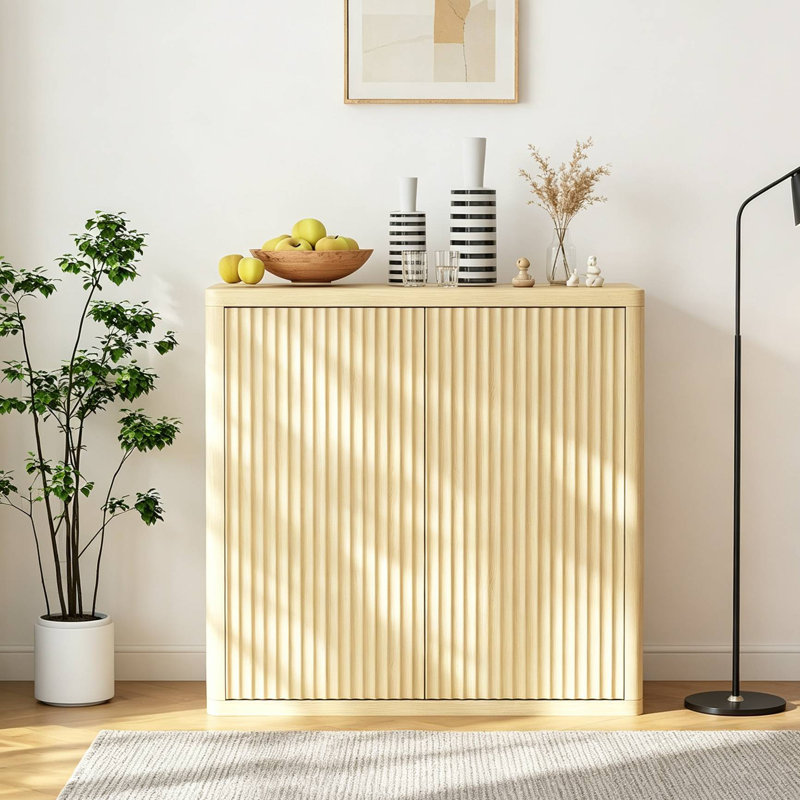 Buffet de 88 cm (34,6 po) avec portes à double cannelure, meuble de rangement à 3 niveaux avec 2 étagères réglables, idéal pour la cuisine, la salle à manger, l'entrée, le corridor ou le salon.