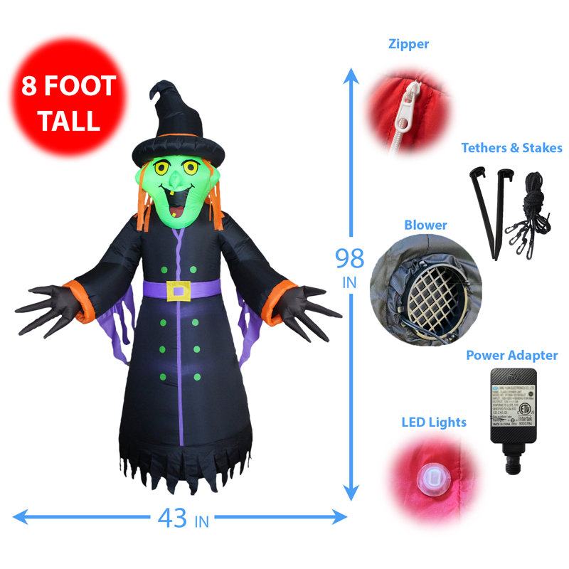 8 Foot Tall Lighted Happy Halloween Inflatable Witch Indoor / Outdoor Holiday Blow Up Yard Garden Decoration