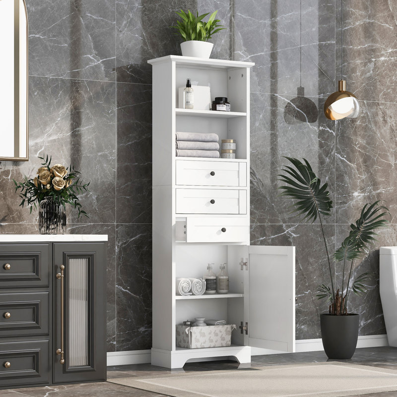 White Storage Cabinet With 3 Drawers And Adjustable Shelves For Bathroom, Study, Office And Interior, MDF Board With Painted Finish