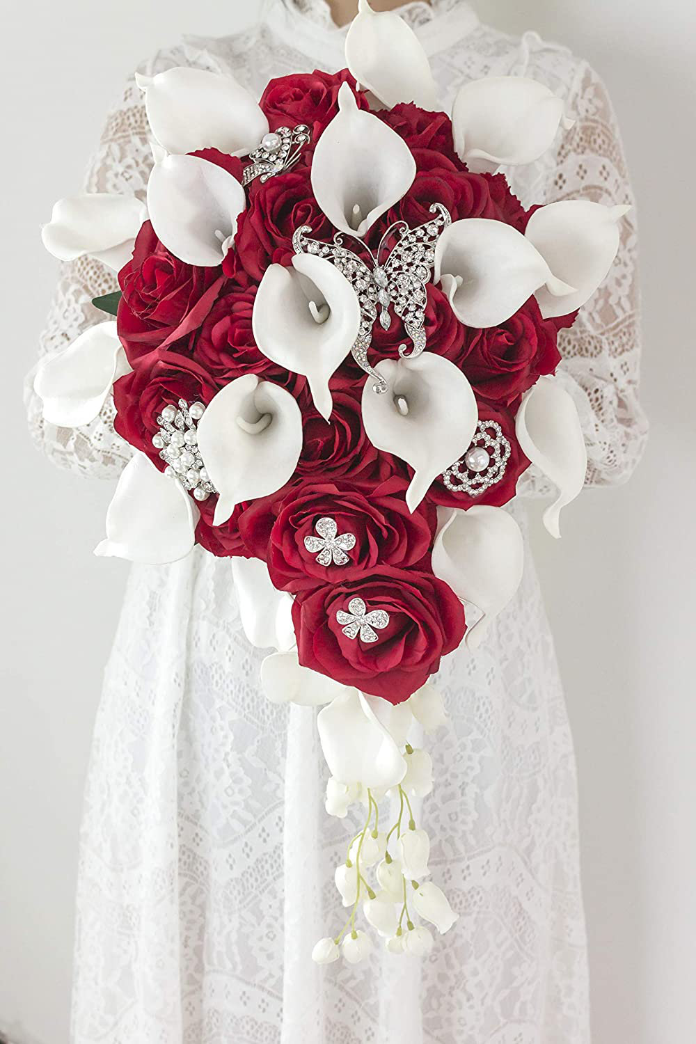 Abbie Home Calla Lily and Rose Cascading Bride Bouquet Waterfall ...