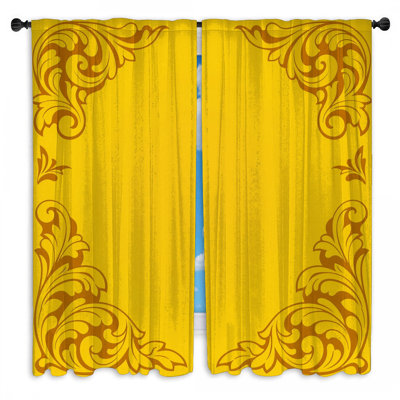 Yellow Ornate Corner Motif Window Curtains Motif Sheer & Room Darkening - 2 Panels