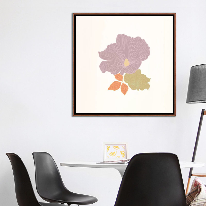 Fleurs et feuilles (multicolore) - Impression d'art graphique, Toile avec cadre noir patiné, Aucun mat