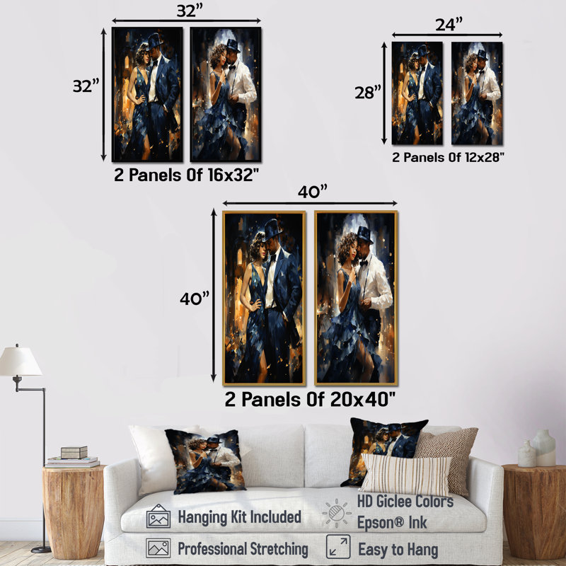 Ensemble de 2 décorations murales Harlem Renaissance Jazz Age Couple - Couple, H 28 po x l 25 po, Toile tendue