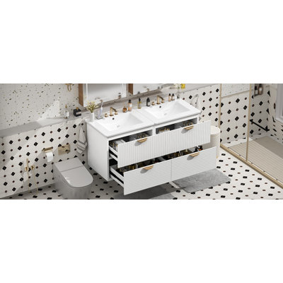 48" Modern Style Wall-Mounted Bathroom Vanity Combo with Double Vanities (separate), Double Ceramic Sinks, 4 Drawers, White - Ideal for Small Bathrooms