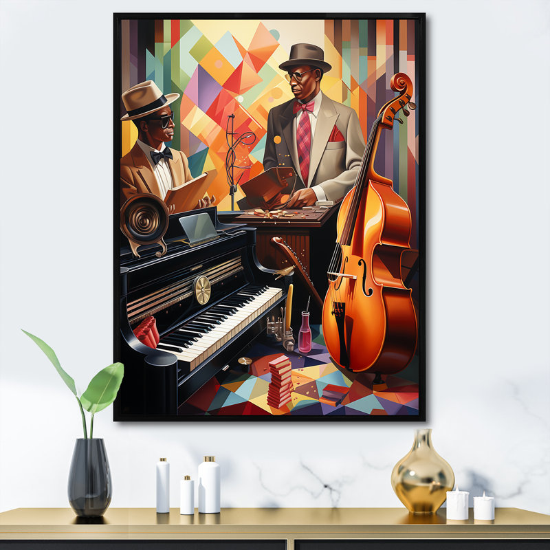 Cubist Jazz Harmony 2 - Jukeboxes, art mural, Cadre flottant noir, H 44 po x l 34 po x P 1,5 po