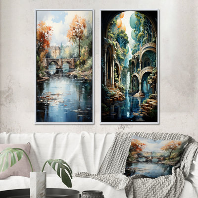 " Beige Bridge Impressionist Waterscape An " 2 - Pieces