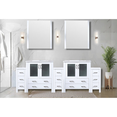 White Bath Vanity 96 In. With Side Cabinets - Ceramic Top & Storage Solid Wood Elegant Appearance
