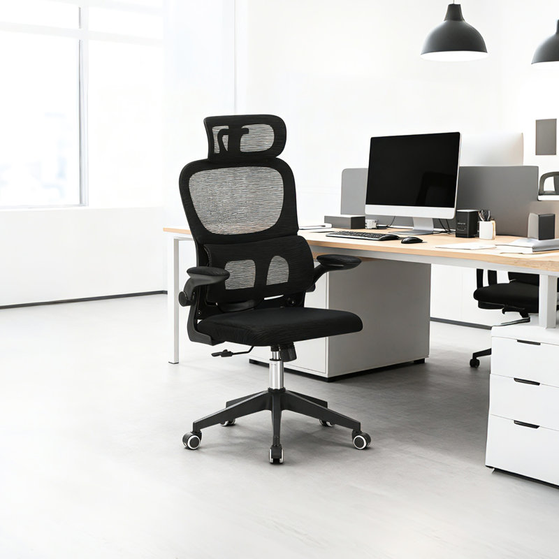 Chaise de bureau ergonomique avec fonction d'inclinaison, extensible et assise en maille confortable pour le bureau à domicile, pivotante et inclinable noire, revêtement respirant réglable.