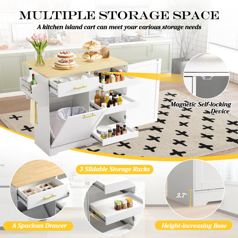 Rolling Kitchen Island Cart W/drop Leaf, Portable Kitchen Islands W/storage Cabinet, Drawer, Spice Towel Rack, Island Table For Kitchen W/trash Storage Cabinet, Mobile Island Table, White