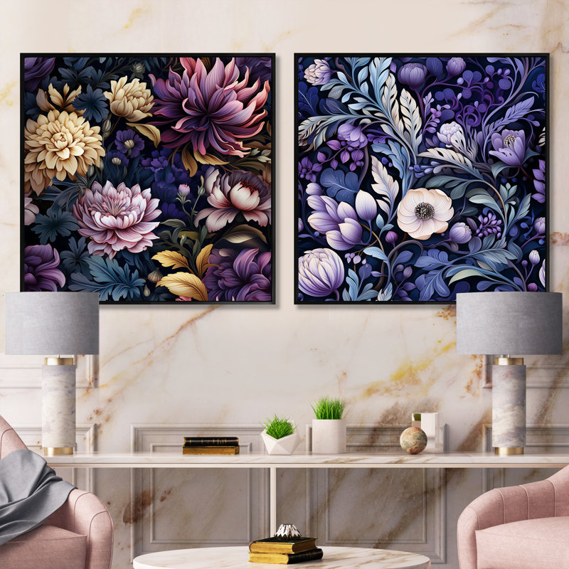 Deep Emerald - lotus mauve enchante - ensemble de 2 collages floraux carrés, Cadre flottant noir, H 30 po x l 61 po