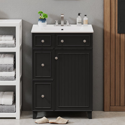 Meuble-lavabo noir élégant de 24 po avec lavabo en céramique, 2 tiroirs et 1 porte