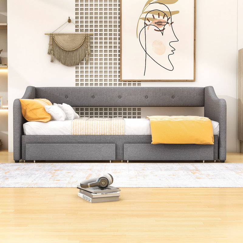 Twin XL Two Drawers Upholstered Daybed, Gray