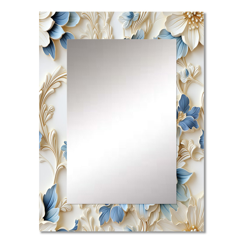 Allianora blanc et bleu damassé de façade splendide - miroir décoratif floral, miroir mural floral, impression d'art en métal