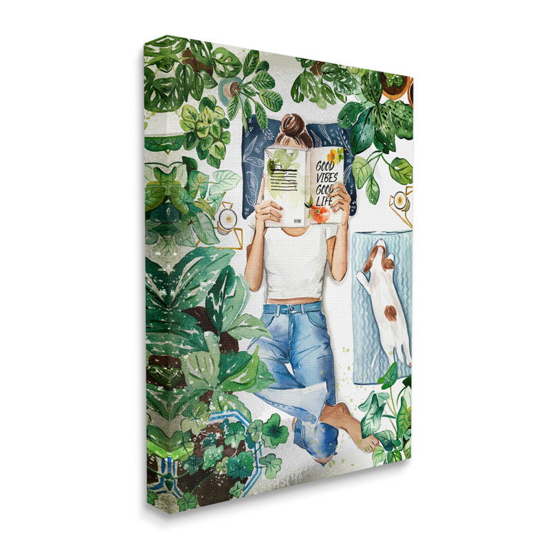 Fille, lecture de livre avec chien, art mural par Enya Todd, H 48 po x l 36 po x P 1,5 po