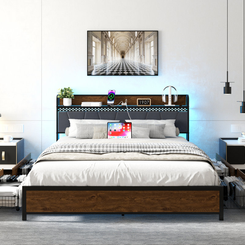 Platform Bed Frame with 4 Drawers, Storage Headboard with Charging Station & LED Light, Metal Slats Support, Noise Free, Easy Assembly, No Box Spring Needed, Vintage Brown