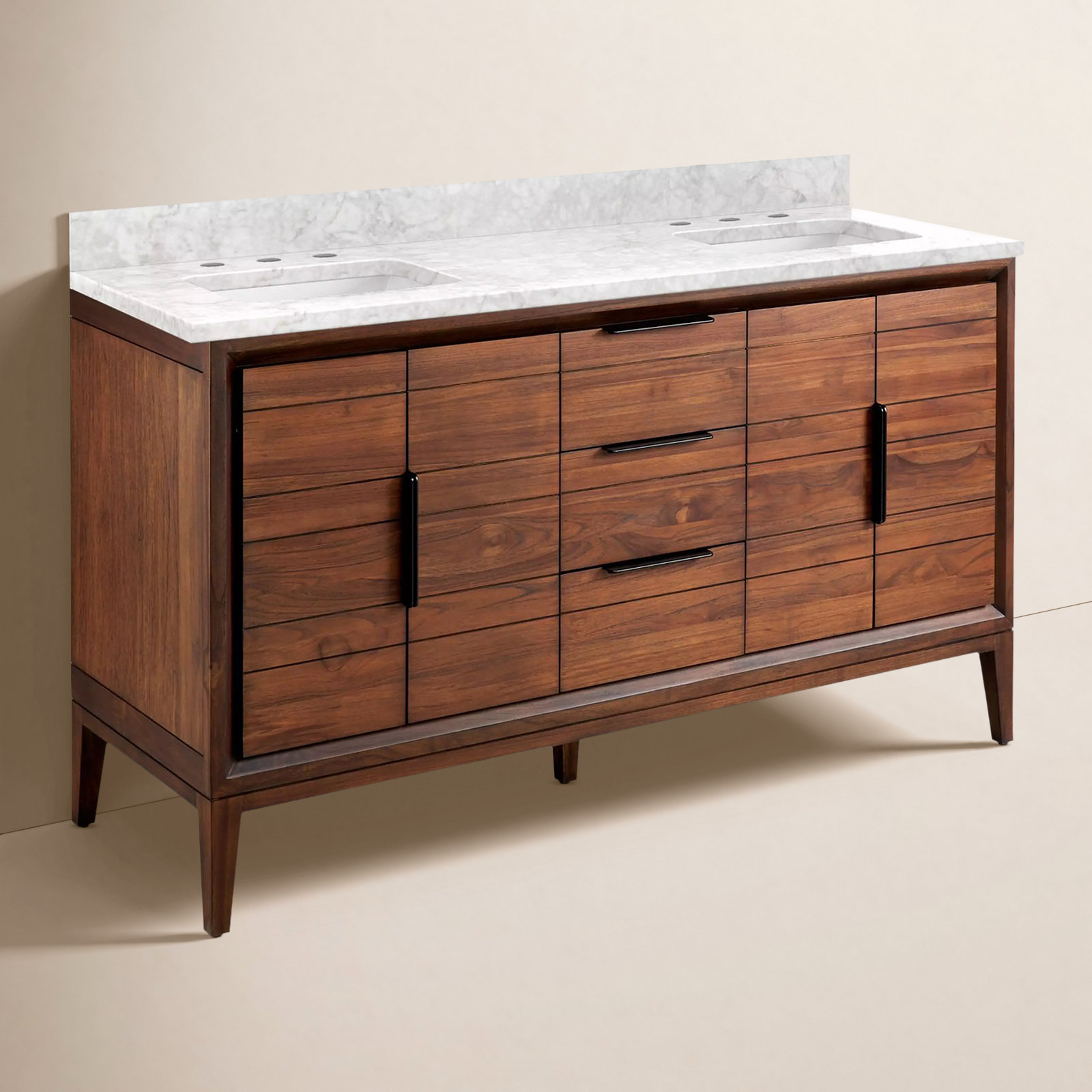 Aliso 60" Teak Double Bathroom Vanity, Carrara Marble, 8" Widespread, Java