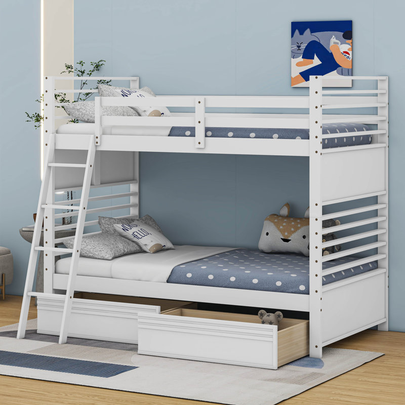 Lit superposÃ© en bois avec deux tiroirs, Blanc, Simple sur simple