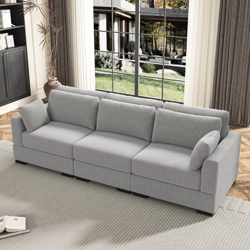 Canapé moderne rembourré en velours côtelé de 130 po, H 33,5 po x l 100 po x P 34,6 po, 3, Velours côtelé gris Perola