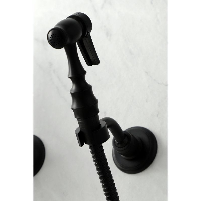 Kingston Brass Heritage Double-Handle 3-Hole Wall-Mount Bridge Kitchen Faucet with Brass Sprayer, Matte Black